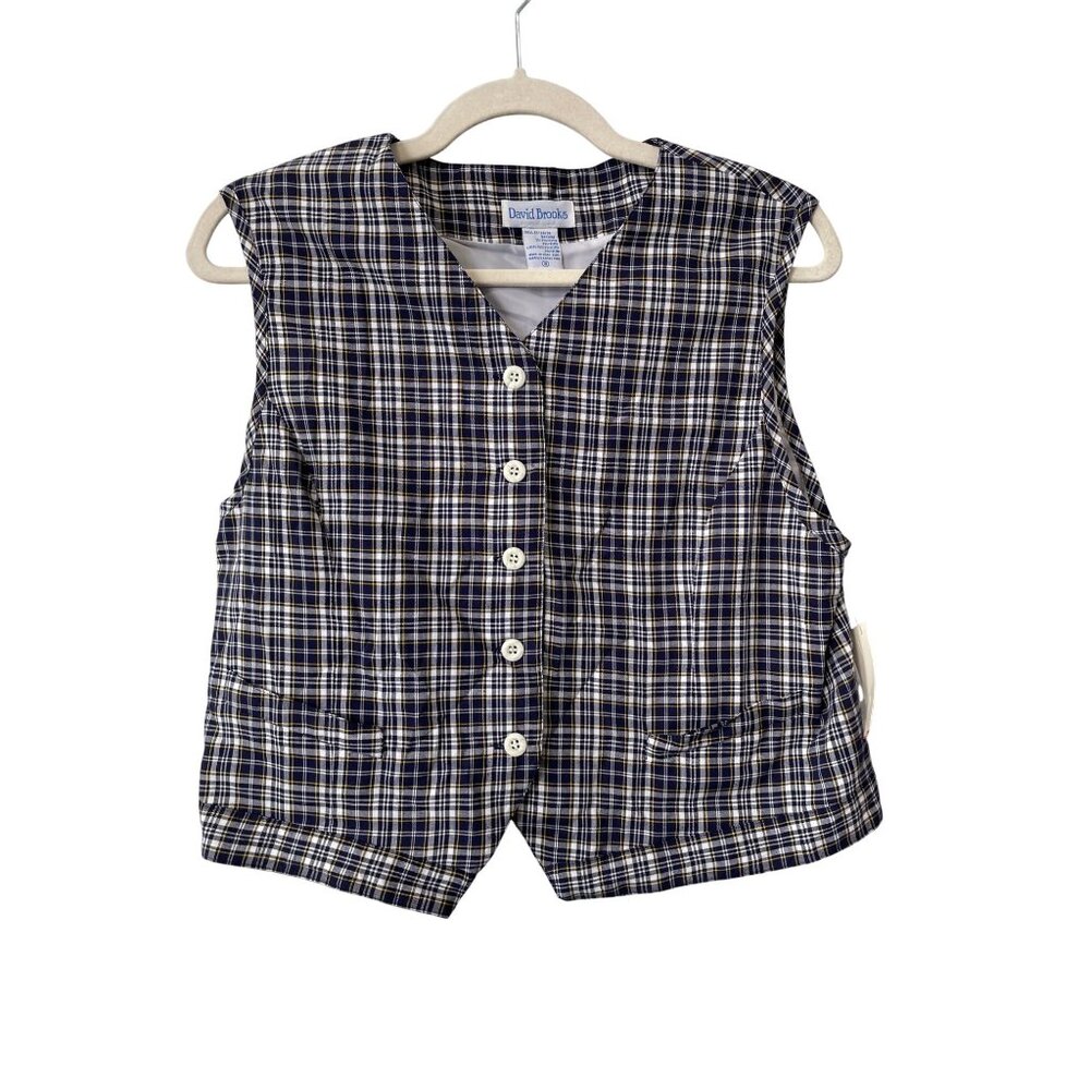 Vintage 90s David Brooks Plaid Vest Size 8 Button Front Blue Deadstock NEW